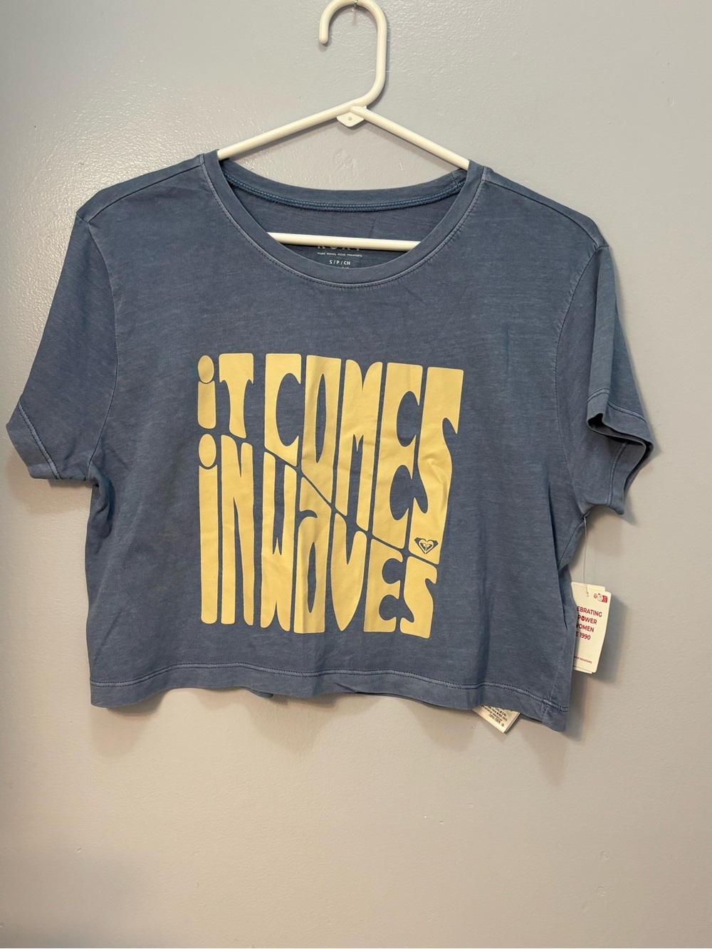 Roxy Comes In Waves Cropped Boxy Graphic T-Shirt Blue Size S NWT